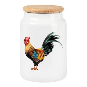 Coq artistiquement dessiné et coloré - Boîte à biscuits avec couvercle en bois - blanc - Devant