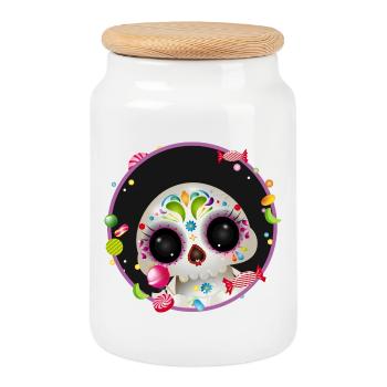 Cute Sugar Skull in candy frame - Cookie Jar with Wooden Lid - white - Front