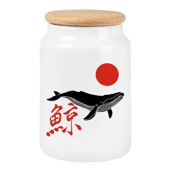 Right whale and red sun - Cookie Jar with Wooden Lid - white - Front