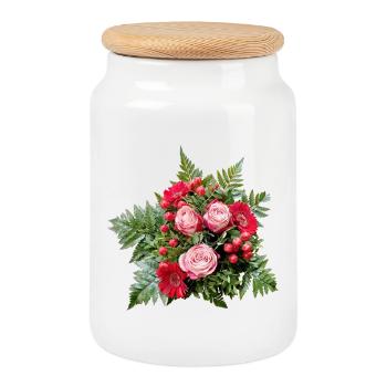 Delicate bouquet of roses in pink and red - Cookie Jar with Wooden Lid - white - Front