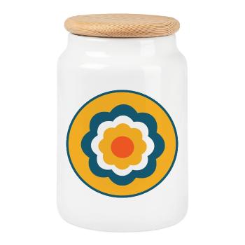 Flower, Blue Flower, Floral, Colorful, Hippie, Retro - Cookie Jar with Wooden Lid - white - Front