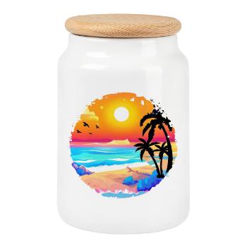 Aquarelle de plage de coucher de soleil d’été - Boîte à biscuits avec couvercle en bois - blanc - Devant