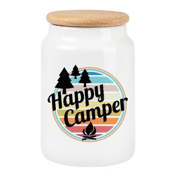 Happy Camper Retro Camping Design - Boîte à biscuits avec couvercle en bois - blanc - Devant