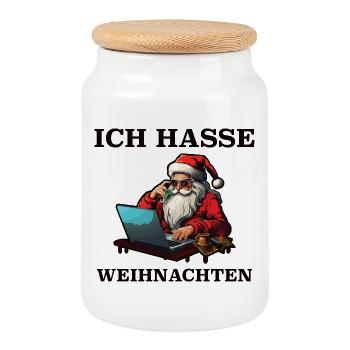 Weihnachts-Hass Santa am Laptop - Keksdose mit Holzdeckel - Weiß - Vorne