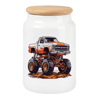 Monstertruck Renn - Keksdose mit Holzdeckel - Weiß - Vorne