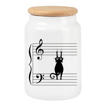 Black Cat Note Music Humor Sheet Music T Shirt - Cookie Jar with Wooden Lid - white - Front