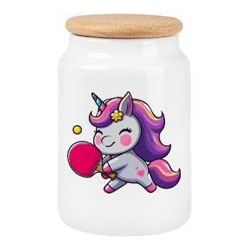 Unicorn Unicorn with Table Tennis Racket for - Cookie Jar with Wooden Lid - white - Front