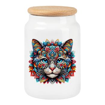 Katze mit Mandalas verziert - Keksdose mit Holzdeckel - Weiß - Vorne
