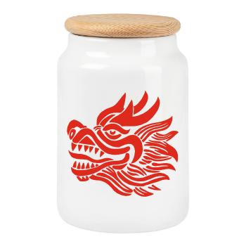 Chinesischer Drachenkopf (Rot) - Keksdose mit Holzdeckel - Weiß - Vorne