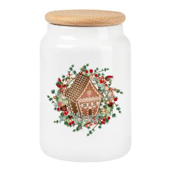 Gingerbread house in larch wreath for Christmas - Cookie Jar with Wooden Lid - white - Front