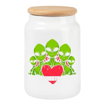 Alien, UFO, Flying Saucer - Cookie Jar with Wooden Lid - white - Front