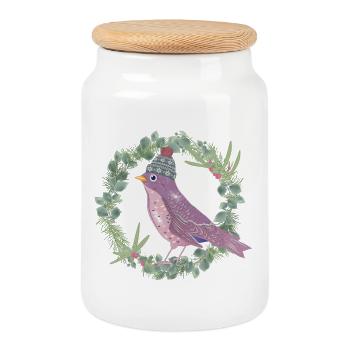Vogel mit Misteln & Eukalyptus in Winter Stimmung - Keksdose mit Holzdeckel - Weiß - Vorne