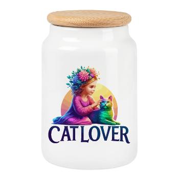 Fille fantaisiste et illustration de chat arc-en-ciel - Boîte à biscuits avec couvercle en bois - blanc - Devant