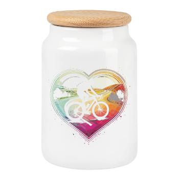 Vibrant Cycling Heart Design - Cookie Jar with Wooden Lid - white - Front