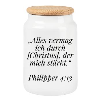 Philipper 4:13 Bibelvers: Alles vermag ich - Keksdose mit Holzdeckel - Weiß - Vorne