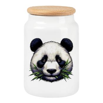 Panda Eats Bamboo and Leaves - Cookie Jar with Wooden Lid - white - Front