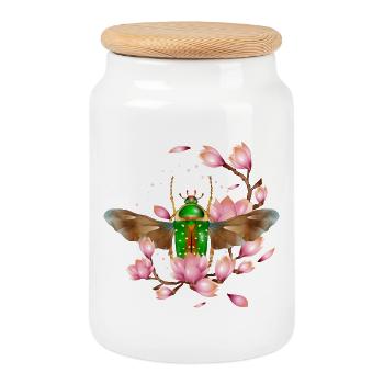 Stephanorrhina guttata species with magnolia - Cookie Jar with Wooden Lid - white - Front