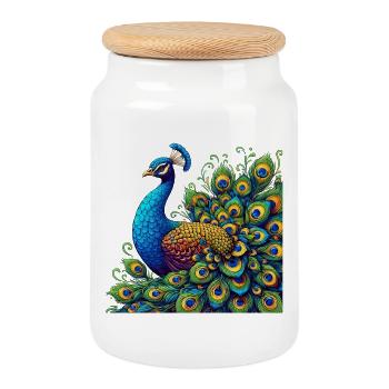 Pfau - Keksdose mit Holzdeckel - Weiß - Vorne