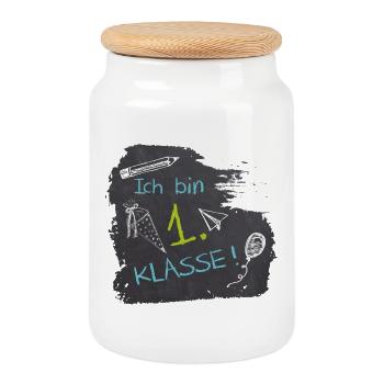 Je suis en 1ère année | Craie pour tableau noir - Bleu Vert - Boîte à biscuits avec couvercle en bois - blanc - Devant