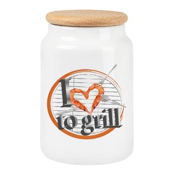 A grill with heart-shaped cutlery and prawns - Cookie Jar with Wooden Lid - white - Front