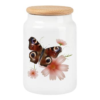 Butterfly Peacock Eye with Pink Flowers - Cookie Jar with Wooden Lid - white - Front