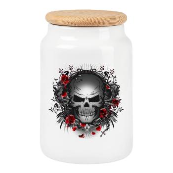 dark gothic skull with red roses - Cookie Jar with Wooden Lid - white - Front