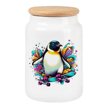 Pinguin Skateboard Skater Skater - Keksdose mit Holzdeckel - Weiß - Vorne