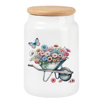 Wheelbarrow filled with pastel-colored flowers - Cookie Jar with Wooden Lid - white - Front