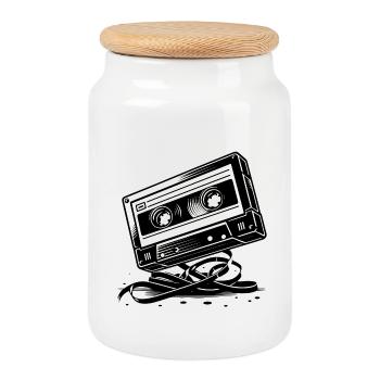 Cassette musicale dans le style rétro des années 80 et 90 - Boîte à biscuits avec couvercle en bois - blanc - Devant