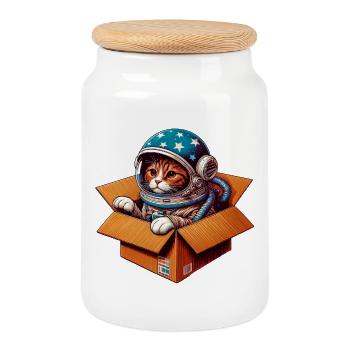 Katze Astronaut - Keksdose mit Holzdeckel - Weiß - Vorne