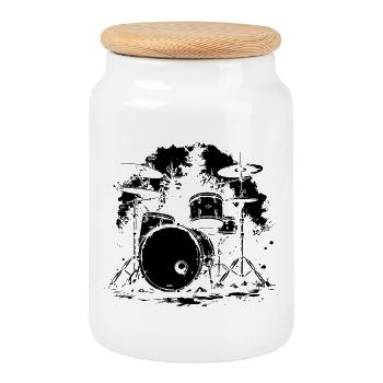 Drum Set Sketch - Cookie Jar with Wooden Lid - white - Front
