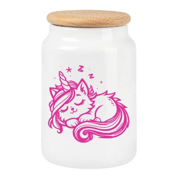 Sleeping Unicorn Cat (Pink) - Cookie Jar with Wooden Lid - white - Front