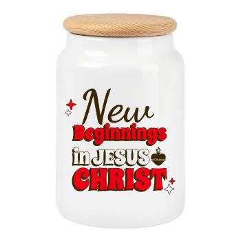 New Beginnings in Jesus Christ - Cookie Jar with Wooden Lid - white - Front