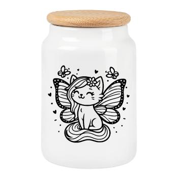 Winged Cat (black) - Cookie Jar with Wooden Lid - white - Front