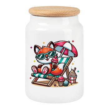 Cheerful cartoon fox on the beach on a lounger - Cookie Jar with Wooden Lid - white - Front