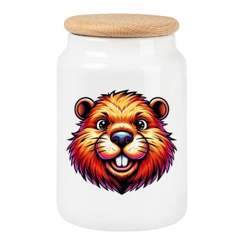 Beaver - Cookie Jar with Wooden Lid - white - Front