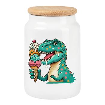 Dino-Eiscreme-Motiv: Ein Abenteuer für Naschkatzen - Keksdose mit Holzdeckel - Weiß - Vorne