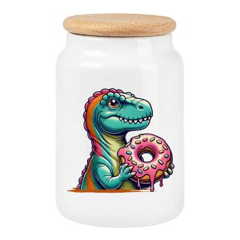 Dino-Donut-Motiv: Ein Abenteuer für Naschkatzen - Keksdose mit Holzdeckel - Weiß - Vorne