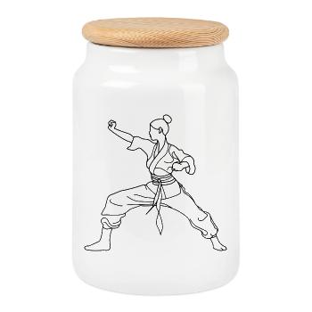 Karate Girl Line Art - Cookie Jar with Wooden Lid - white - Front