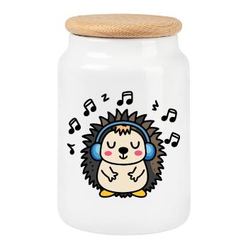 DJ Jeżyk – rhythmic vibration in the style of a hedgehog - Cookie Jar with Wooden Lid - white - Front