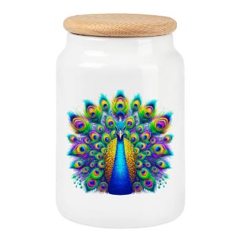 Peacock - Cookie Jar with Wooden Lid - white - Front