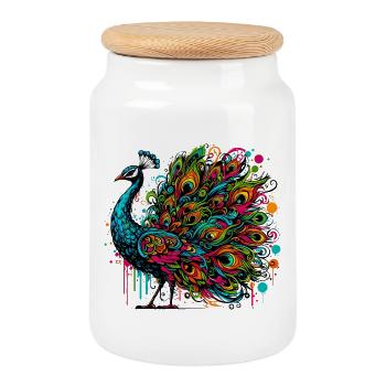 Peacock - Cookie Jar with Wooden Lid - white - Front