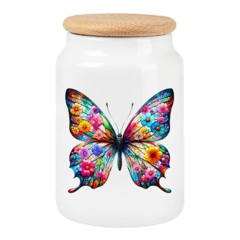Papillon décoré de fleurs - Boîte à biscuits avec couvercle en bois - blanc - Devant