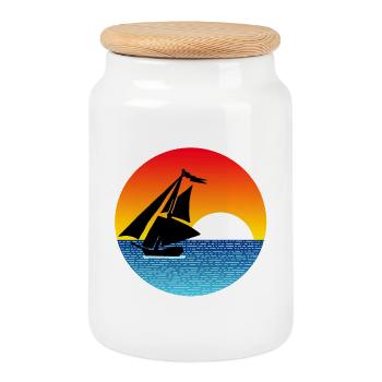 Bateau et coucher de soleil - Boîte à biscuits avec couvercle en bois - blanc - Devant