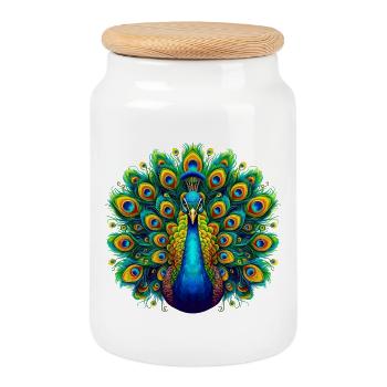 Peacock - Cookie Jar with Wooden Lid - white - Front