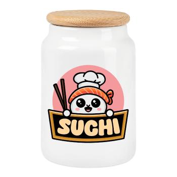 Kawaii Sushi Chef: Fun Sushi - Cookie Jar with Wooden Lid - white - Front