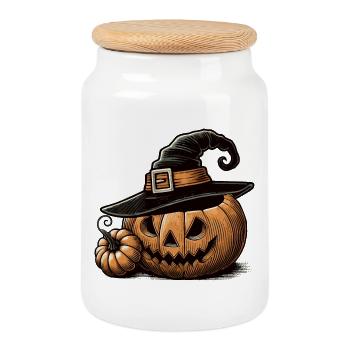 Halloween-Kürbis mit Hexenhut: Der perfekte Grusel - Keksdose mit Holzdeckel - Weiß - Vorne