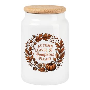 Herbst Kranz - Autumn Leaves & Pumpkins Please - Keksdose mit Holzdeckel - Weiß - Vorne