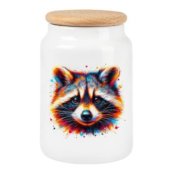 Raccoon - Cookie Jar with Wooden Lid - white - Front