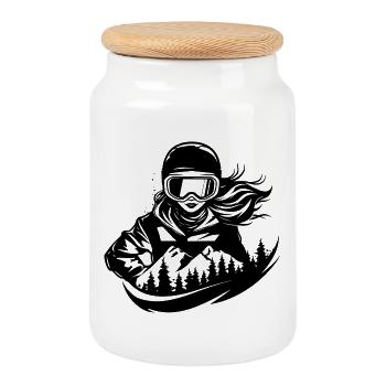 Female Snowboarder Drawing - Cookie Jar with Wooden Lid - white - Front
